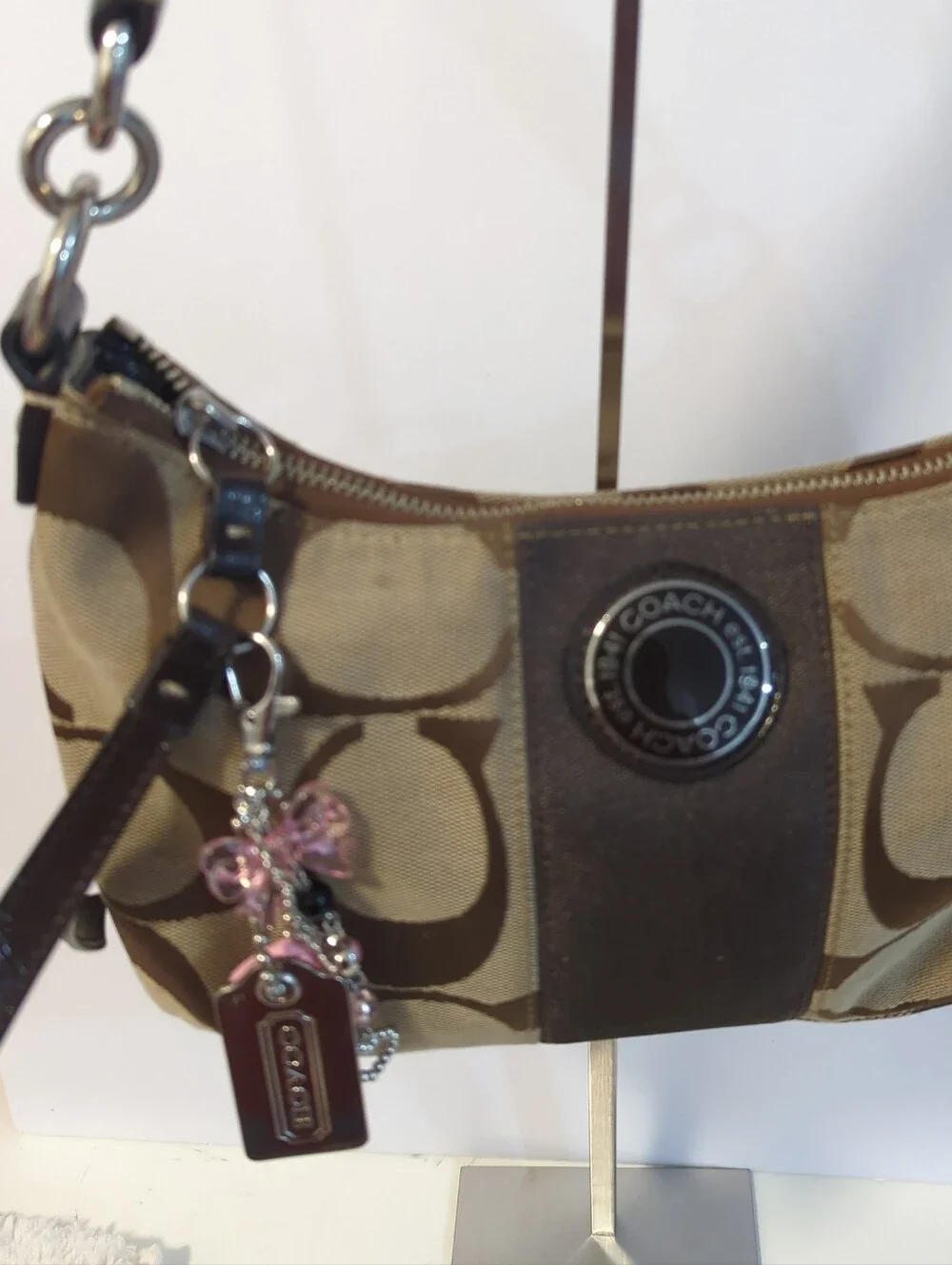 Coach Large Silver Hangtag With Pink Bow Hearts Embellishment Bag Charm GirlyY2K